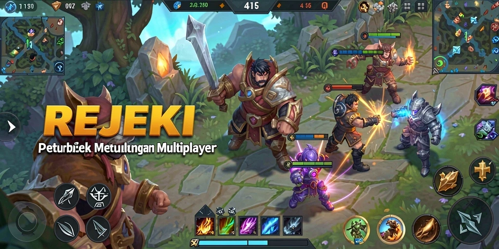 Tampilan tindakan seru dalam pertempuran MOBA REJEKI.