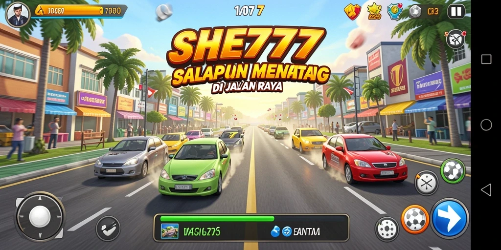 Screenshot gameplay SHE777 menampilkan balapan yang mendebarkan di jalan raya.