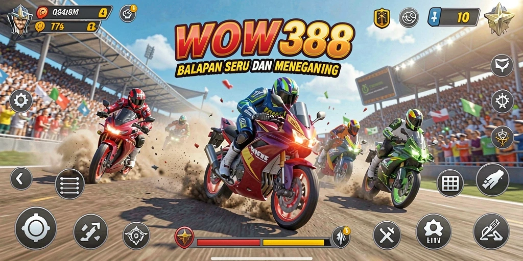 Tangkapan layar utama WOW388 menampilkan aksi balapan mendebarkan.